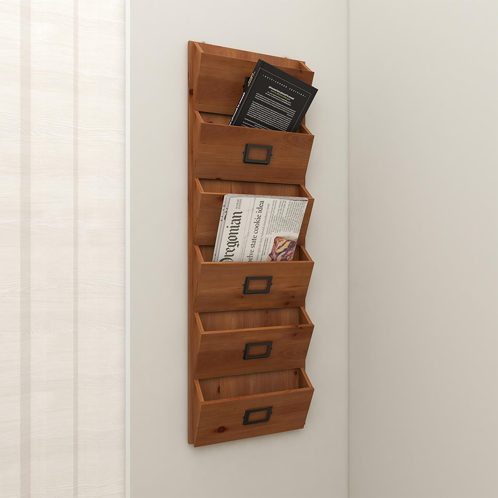 6 Slots Brown Decorative Magazine Rack with Suspended Baskets