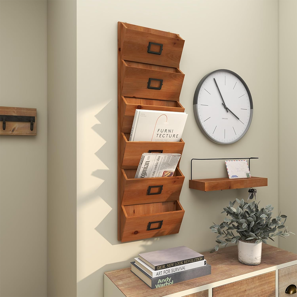 6 Slots Brown Decorative Magazine Rack with Suspended Baskets