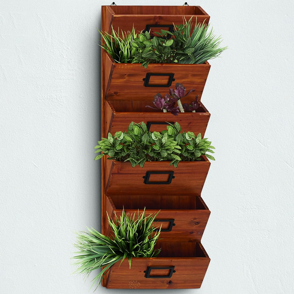 6 Slots Brown Decorative Magazine Rack with Suspended Baskets
